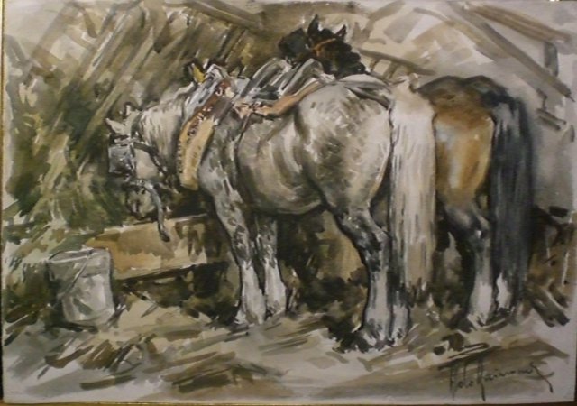 aldo raimondi - due cavalli da lavoro - cm 38 x 54